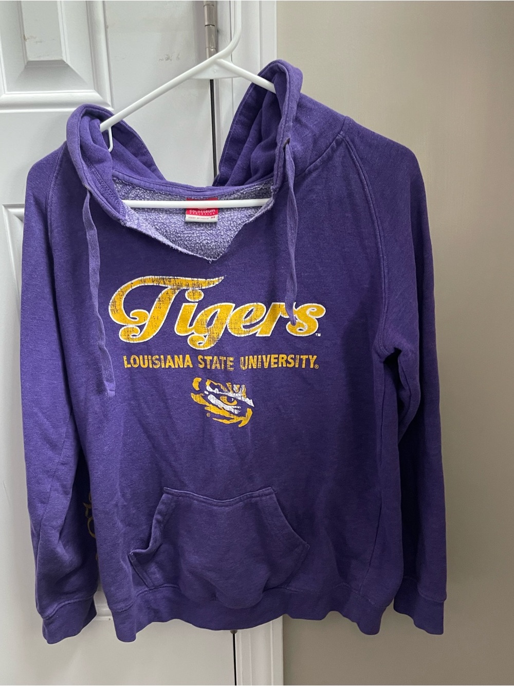 LSU Tigers Purple Distressed Pullover Hoodie - Yellow Logo. Womens size Medium